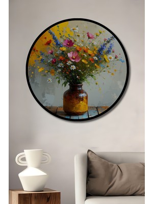 Çerçeve Görünümlü Vazoda Renkli Kır Çiçekleri Yağlı Boya Görünümlü Ahşap Ofis Yuvarlak Tablo