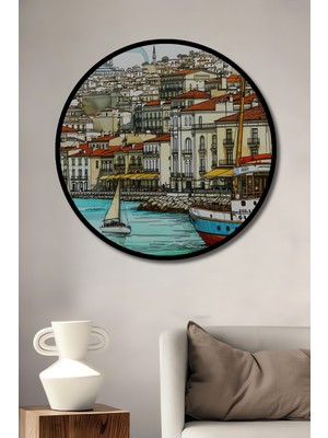 Çerçeve Görünümlü Istanbul Boğazı Sulu Boya Görünümlü Dekoratif Ahşap Ev/işyeri/ofis Yuvarlak Tablo