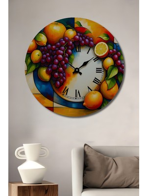 Meyve Şöleni Saat Yağlı Boya Görünümlü Dekoratif Ahşap Ev/işyeri/ofis Yuvarlak Tablo