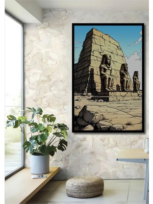 Çerçeve Görünümlü Eski Mısır Tapınağı Kara Kalem Görünümlü Dekoratif Ahşap Işyeri/ofis Kare Tablo