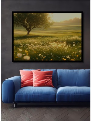 Çerçeve Görünümlü Altın Işıklar Yağlı Boya Görünümlü Doğa Işyeri/ofis Dekoratif Ahşap Kare Tablosu