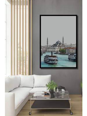 Çerçeve Görünümlü Istanbul Silüeti Kara Kalem Görünümlü Dekoratif Ahşap Ev/işyeri/ofis Kare Tablo