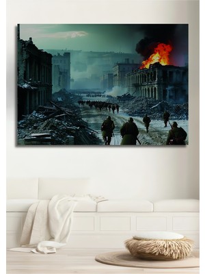 Savaşın Yıkımı Yağlı Boya Görünümlü Dekoratif Ahşap Ev/işyeri/ofis Kare Tablo