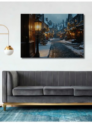 Kış Masalı Noel Sokağı Yağlı Boya Görünümlü Dekoratif Ahşap Ev/işyeri/ofis Kare Tablo