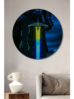 Zırhlı Savaşçı Neon Kılıç Dijital Sanat Ev/işyeri/ofis/salon Ahşap Dekoratif Yuvarlak Tablo