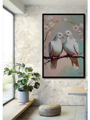 Çerçeve Görünümlü Beyaz Güvercinler Aşkı Yağlı Boya Görünümlü Dekoratif Ahşap Ofis Kare Tablo