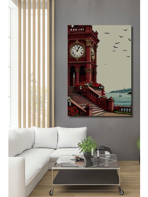 Kırmızı Saat Kulesi Çiçek Bahçesi Manzarası Çizim Ev/işyeri/ofis Dekoratif Ahşap Kare Tablo