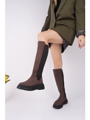 Muggo Diasa Süet Kalın Taban Streç Detaylı Fermuarlı Kadın Çizme
