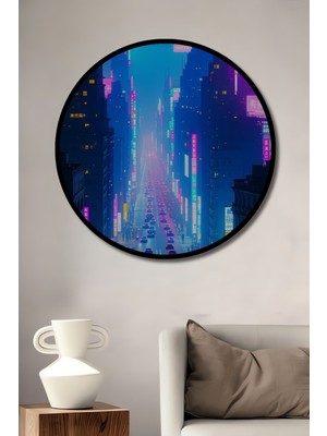 Çerçeve Görünümlü Neon Işıklar Şehri Yağlı Boya Görünümlü Modern Sanat Ahşap Ofis Yuvarlak Tablo