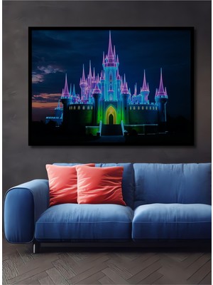 Çerçeve Görünümlü Neon Işıklar Altında Masalsı Şato Dekoratif Ahşap Ev/işyeri/ofis Kare Tablo