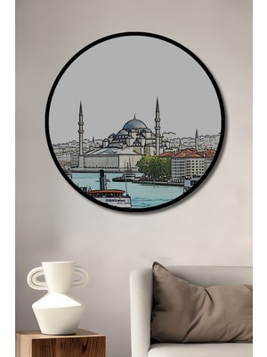Çerçeve Görünümlü Istanbul Silüeti Kara Kalem Görünümlü Dekoratif Ahşap Işyeri/ofis Yuvarlak Tablo