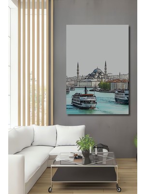 Istanbul Silüeti Kara Kalem Görünümlü Dekoratif Ahşap Ev/işyeri/ofis Kare Tablo