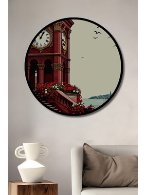 Çerçeve Görünümlü Kırmızı Saat Kulesi Çiçek Bahçesi Manzarası Çizim Ofis Ahşap Yuvarlak Tablo