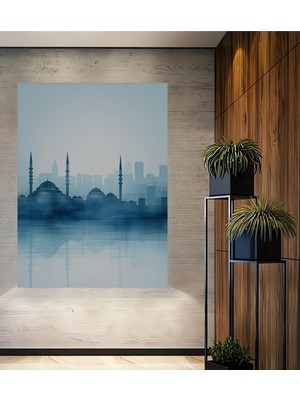 Istanbul Silüeti Sulu Boya Görünümlü Dekoratif Ahşap Ev/işyeri/ofis Kare Tablo