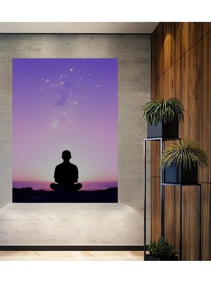 Mor Meditasyon Yıldızlar ve Insan Silüeti Dekoratif Ahşap Ev/işyeri/ofis Kare Tablo