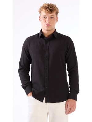 Dufy Erkek Slim Fit Uzun Kol Siyah Gömlek