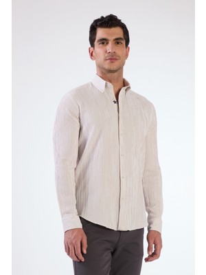 Dufy Erkek Slim Fit Düğmeli Yaka Uzun Kol Bej Gömlek
