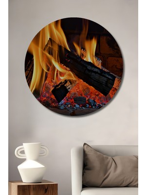 Şömine Ateşi Yağlı Boya Görünümlü Dekoratif Ahşap Ev/işyeri/ofis Yuvarlak Tablo