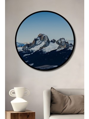 Çerçeve Görünümlü Muhteşem Dolomitler Sulu Boya Görünümlü Dekoratif Ahşap Ofis Yuvarlak Tablo