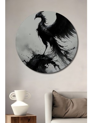 Siyah Anka Kuşu Yağlı Boya Görünümlü Dekoratif Ahşap Ev/işyeri/ofis Yuvarlak Tablo