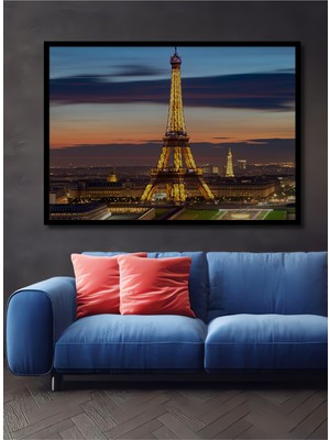 Çerçeve Görünümlü Eiffel Kulesi Paris Gün Batımı Yağlı Boya Görünümlü Ahşap Ofis Kare Tablo