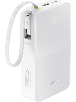 Baseus Enerfill FC51 Bipow2 Pro Dijital Göstergeli Super Hızlı Power Bank Type-C Kablolu, Usb-C 2 Çıkışlı 20000MAH 22.5W Beyaz