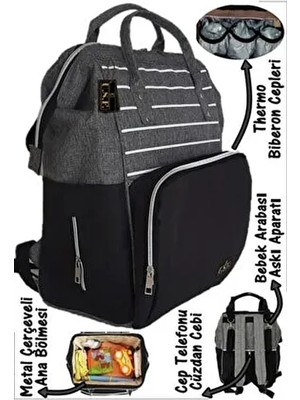 Bebek Bakım Çantası Anne Bebek Bakım Sırt Çantası - Çizgili Gri Siyah