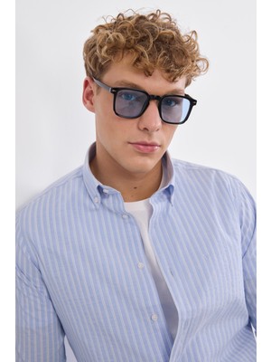 Dufy Erkek Slim Fit Düğmeli Yaka Uzun Kol Mavi Gömlek