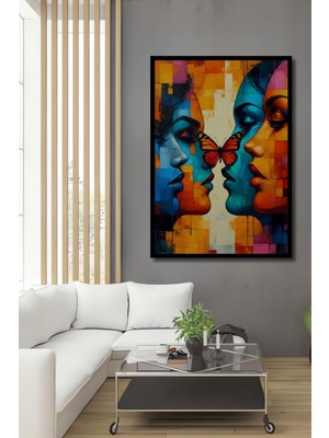 Çerçeve Görünümlü Kelebek Aşk Yağlı Boya Görünümlü Dekoratif Ahşap Modern Sanat Ofis Kare Tablo