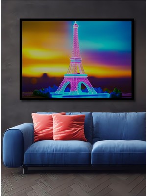 Çerçeve Görünümlü Neon Işıklar Altında Eyfel Kulesi Sanat Işyeri/ofis Dekoratif Ahşap Kare Tablosu