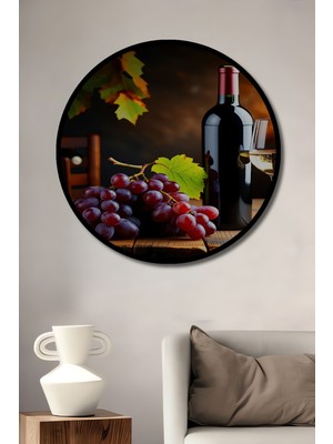 Çerçeve Görünümlü Kırmızı Şarap Üzüm Romantizmi Yağlı Boya Görünümlü Ahşap Ofis Yuvarlak Tablo