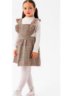 Kız Çocuk Ekose Askılı Elbise Takım – Fırfır Detaylı & Uzun Kollu BLUZ-1570-H