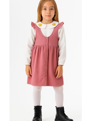 Kız Çocuk Pembe Askılı Fitilli Elbise Takım – Çiçek Işlemeli Yaka Detaylı BLUZ-1554-P
