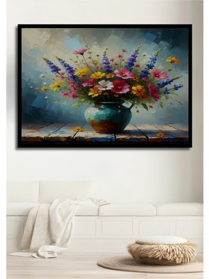 Çerçeve Görünümlü Vazoda Çiçek Şöleni Yağlı Boya Görünümlü Dekoratif Ahşap Işyeri/ofis Kare Tablo