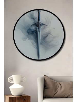 Çerçeve Görünümlü Efsanevi Kılıç Dumanlı Dijital Sanat Dekoratif Ahşap Işyeri/ofis Yuvarlak Tablo