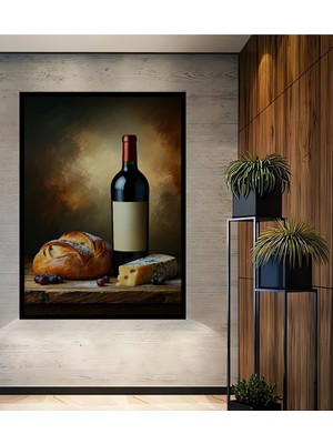 Çerçeve Görünümlü Şarap Peynir Ekmek Üzüm Yağlı Boya Görünümlü Dekoratif Ahşap Ofis Kare Tablo