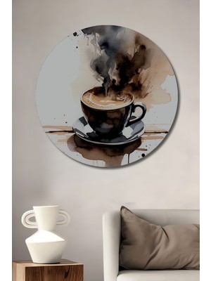 Sulu Boya Görünümlü Kahve Keyfi Dekoratif Ahşap Ev/işyeri/ofis Yuvarlak Tablo