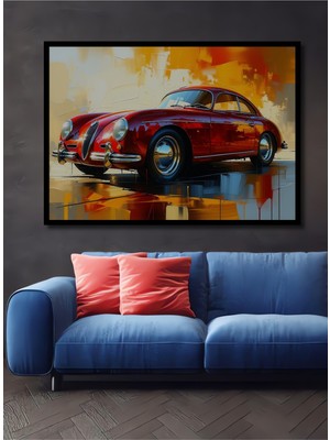 Çerçeve Görünümlü Kırmızı Porsche Yağlı Boya Görünümlü Dekoratif Ahşap Ev/işyeri/ofis Kare Tablo