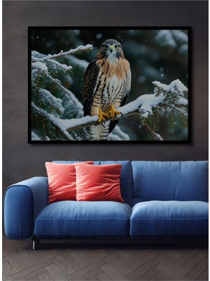 Çerçeve Görünümlü Kar Taneleri Altında Şahin Heybeti Yağlı Boya Görünümlü Ahşap Ofis Kare Tablo