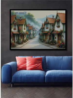 Çerçeve Görünümlü Çiçek Bahçeli Evler Yağlı Boya Görünümlü Dekoratif Ahşap Işyeri/ofis Kare Tablo