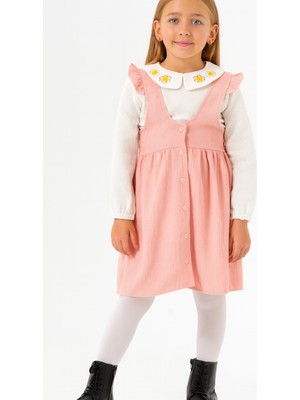 Kız Çocuk Somon Askılı Fitilli Elbise Takım – Çiçek Işlemeli Yaka Detaylı BLUZ-1554-S