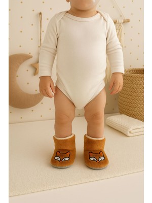 Bebek & Çocuk Kaydırmaz Tabanlı Ev Botu / Panduf / Kışlık Peluş Bot / Tilki Desenli