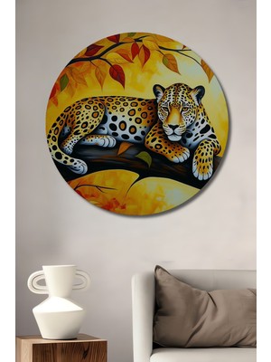 Ağaç Dalında Yatan Jaguar Yağlı Boya Görünümlü Ev/işyeri/ofis Dekoratif Ahşap Yuvarlak Tablo