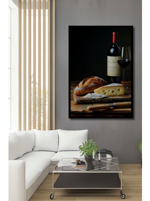 Çerçeve Görünümlü Şarap Peynir Ekmek Üçlüsü Yağlı Boya Görünümlü Dekoratif Ahşap Ofis Kare Tablo