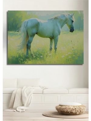 Beyaz At Yağlı Boya Görünümlü Çiçek Bahçesi Dekoratif Ahşap Ev/işyeri/ofis Kare Tablo