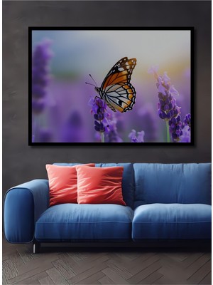Çerçeve Görünümlü Lavanta Bahçesinde Kelebek Pastel Boya Görünümlü Dekoratif Ahşap Ofis Kare Tablo