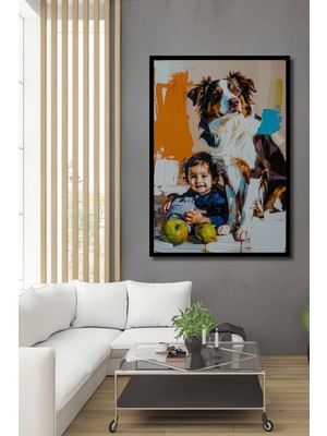 Çerçeve Görünümlü Sevimli Çocuk ve Köpek Dostluğu Yağlı Boya Görünümlü Ofis Ahşap Kare Tablo