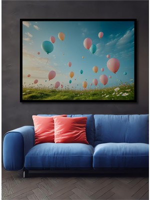 Çerçeve Görünümlü Pastel Renklerde Uçan Balonlar Yağlı Boya Görünümlü Ahşap Ofis Kare Tablo