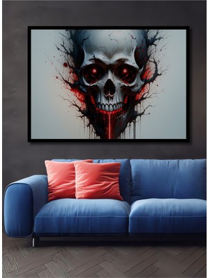 Çerçeve Görünümlü Kızıl Gözlü Kurukafa Ağaç Yağlı Boya Görünümlü Dekoratif Ahşap Ofis Kare Tablo