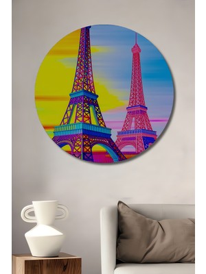 Renkli Paris Eyfel Kulesi Rüyası Yağlı Boya Görünümlü Dekoratif Ahşap Ev/işyeri/ofis Yuvarlak Tablo